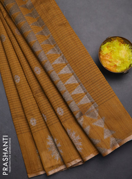 Banarasi semi matka saree dark mustard with woven buttas and woven butta border