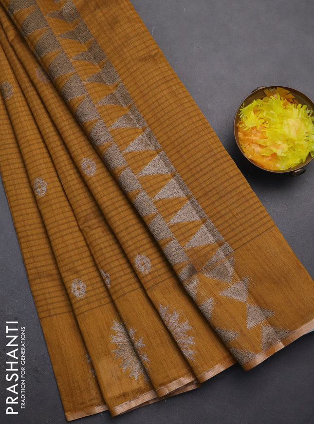 Banarasi semi matka saree dark mustard with woven buttas and woven butta border