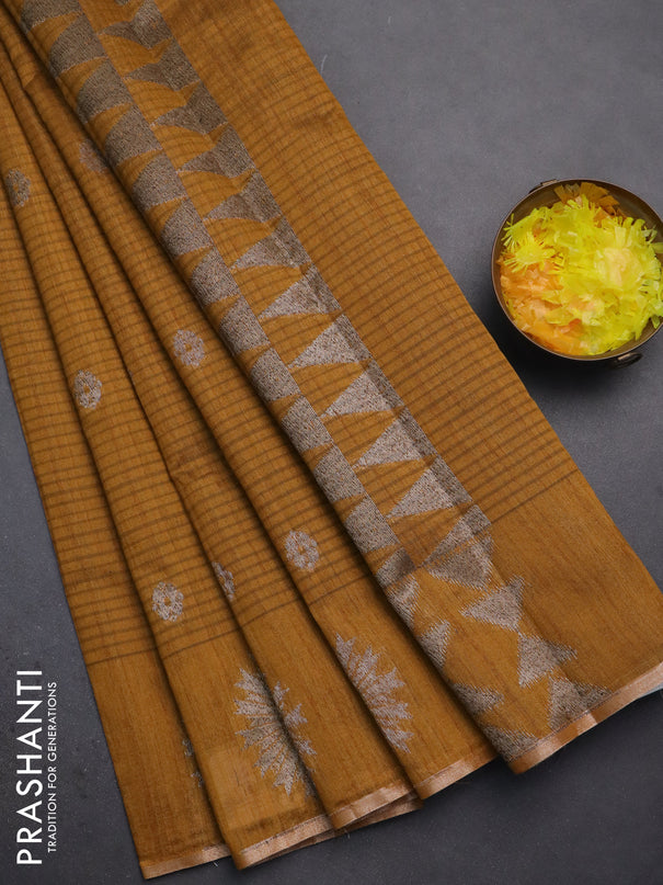 Banarasi semi matka saree dark mustard with woven buttas and woven butta border