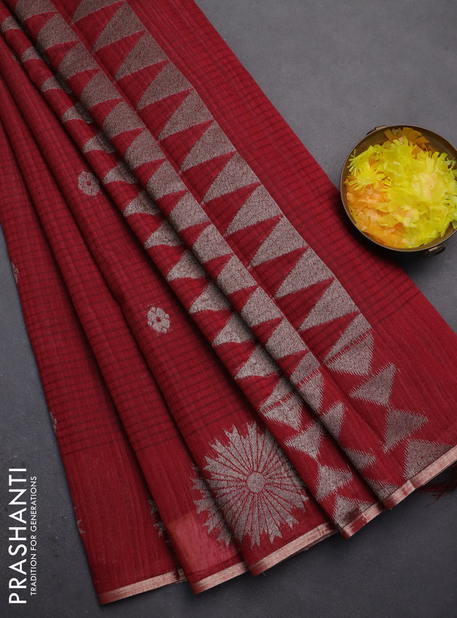 Banarasi semi matka saree maroon with woven buttas and woven butta border