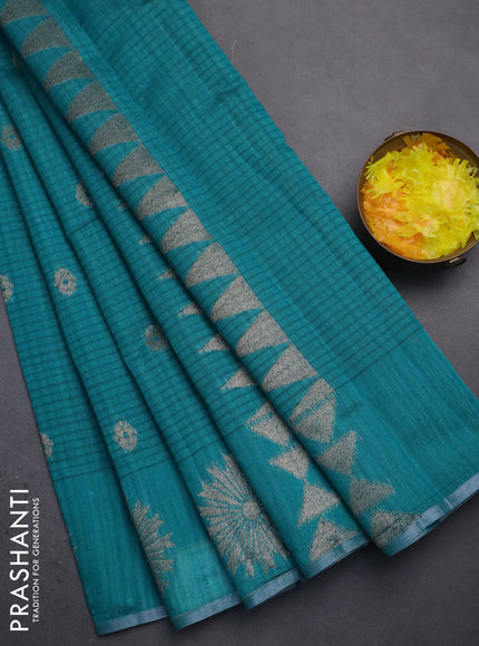 Banarasi semi matka saree teal green with woven buttas and woven butta border