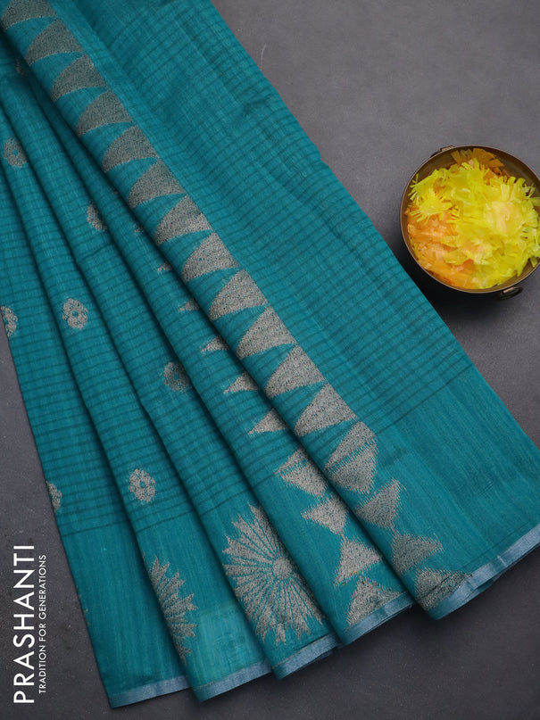 Banarasi semi matka saree teal green with woven buttas and woven butta border