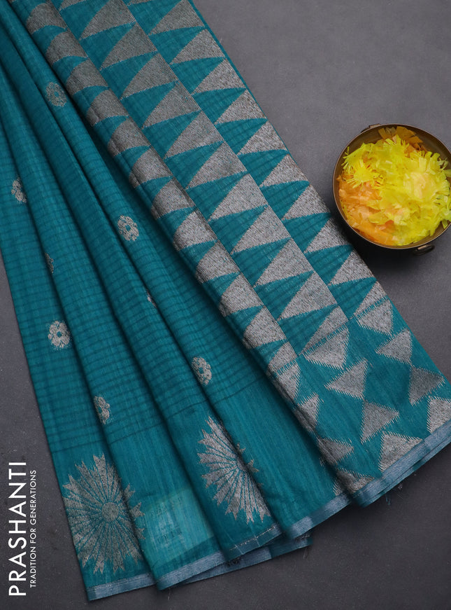 Banarasi semi matka saree teal green with woven buttas and woven butta border