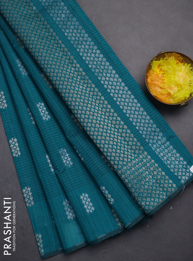 Banarasi semi matka saree teal green with silver & gold zari woven buttas in borderless style