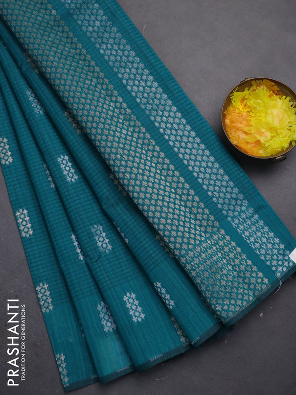 Banarasi semi matka saree teal green with silver & gold zari woven buttas in borderless style