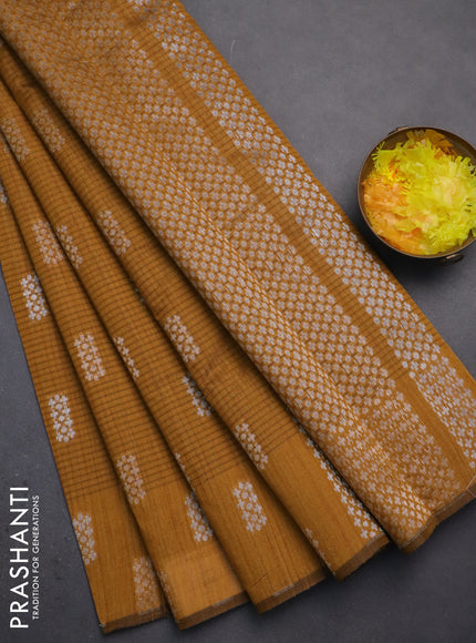 Banarasi semi matka saree dark mustard with silver & gold zari woven buttas in borderless style
