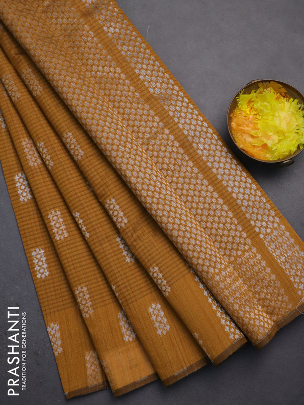 Banarasi semi matka saree dark mustard with silver & gold zari woven buttas in borderless style