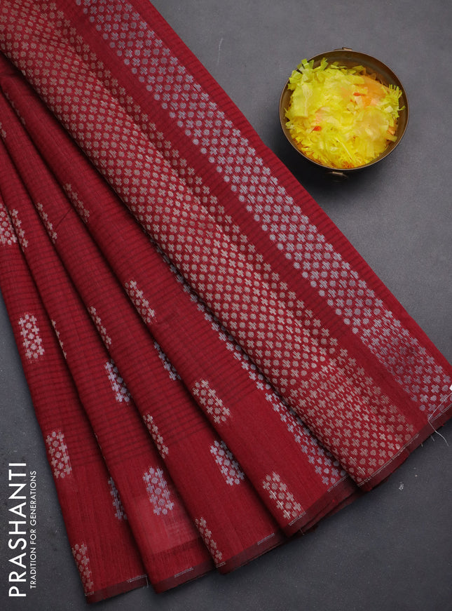 Banarasi semi matka saree maroon with silver & gold zari woven buttas in borderless style