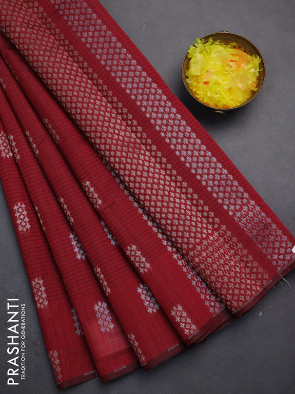 Banarasi semi matka saree maroon with silver & gold zari woven buttas in borderless style
