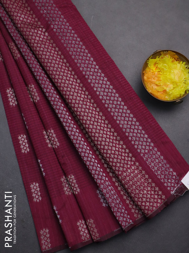 Banarasi semi matka saree wine shade with silver & gold zari woven buttas in borderless style