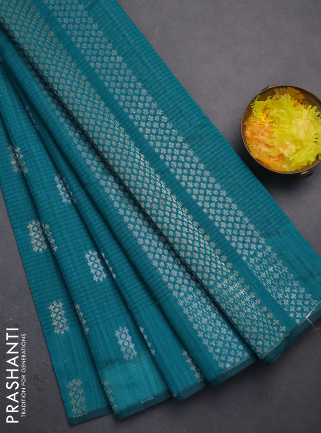 Banarasi semi matka saree teal green with silver & gold zari woven buttas in borderless style