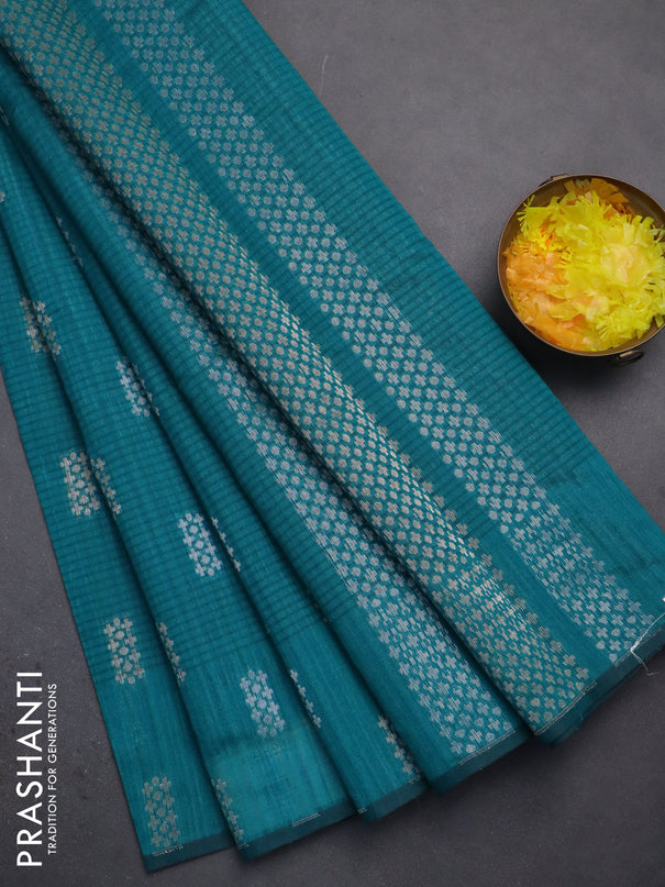 Banarasi semi matka saree teal green with silver & gold zari woven buttas in borderless style