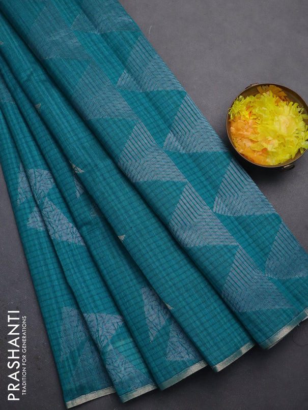 Banarasi semi matka saree teal green shade with silver & gold zari woven buttas and zari woven piping border