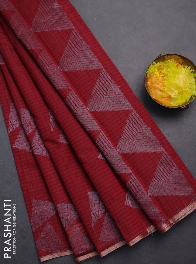 Banarasi semi matka saree maroon with silver & gold zari woven buttas and zari woven piping border