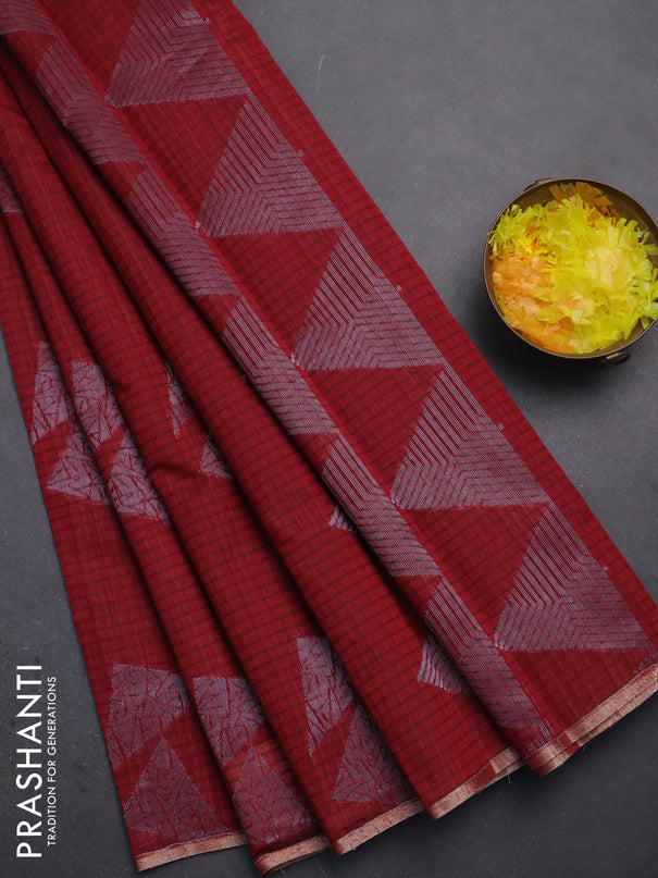 Banarasi semi matka saree maroon with silver & gold zari woven buttas and zari woven piping border