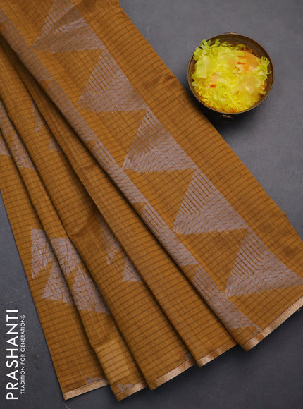 Banarasi semi matka saree dark mustard with silver & gold zari woven buttas and zari woven piping border