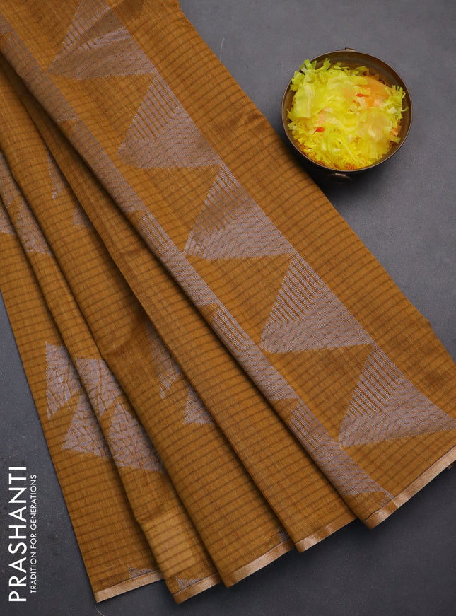 Banarasi semi matka saree dark mustard with silver & gold zari woven buttas and zari woven piping border