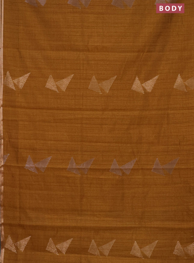 Banarasi semi matka saree dark mustard with silver & gold zari woven buttas and zari woven piping border