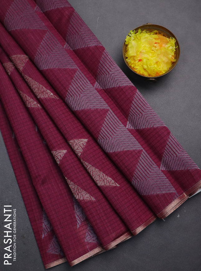 Banarasi semi matka saree wine shade with silver & gold zari woven buttas and zari woven piping border