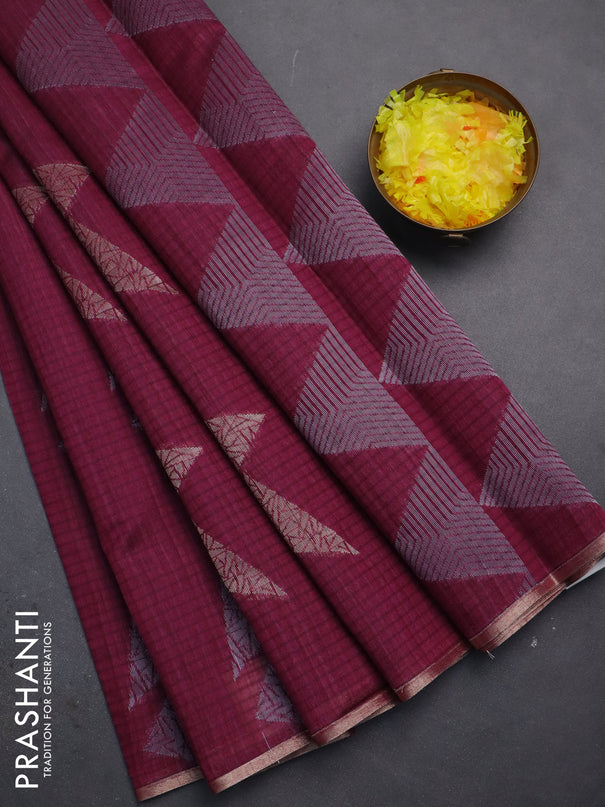 Banarasi semi matka saree wine shade with silver & gold zari woven buttas and zari woven piping border