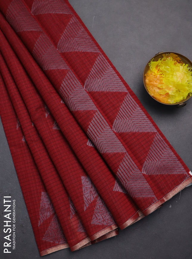 Banarasi semi matka saree maroon with silver & gold zari woven buttas and zari woven piping border