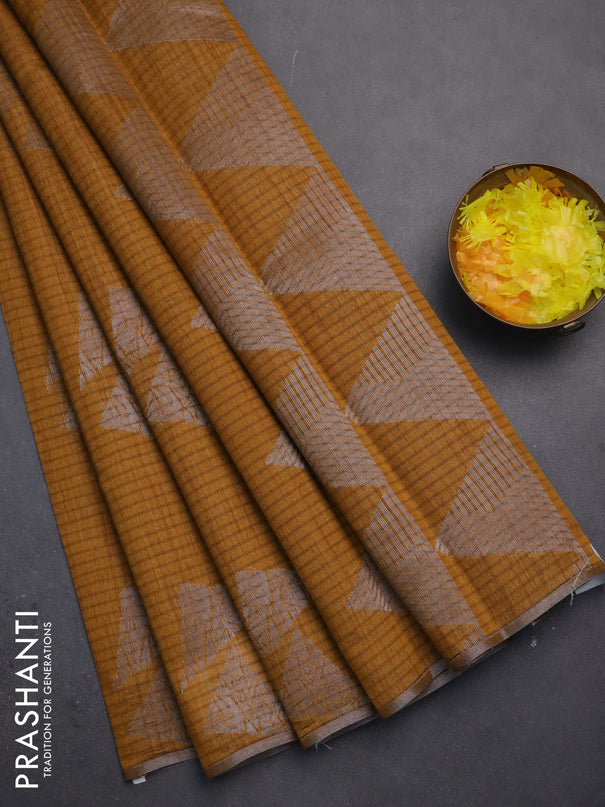 Banarasi semi matka saree dark mustard with silver & gold zari woven buttas and zari woven piping border