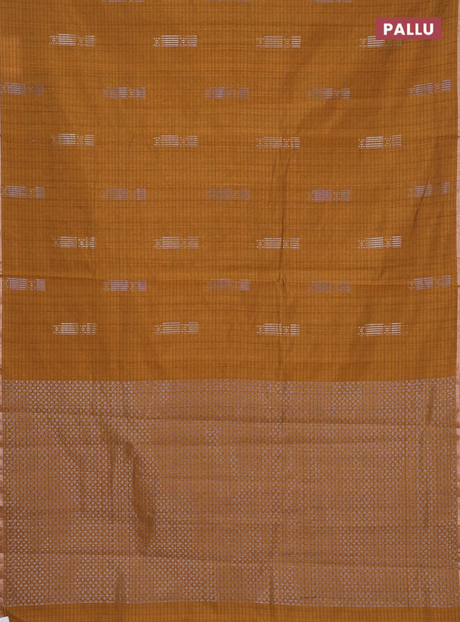 Banarasi semi matka saree dark mustard with silver & gold zari woven buttas and zari woven piping border