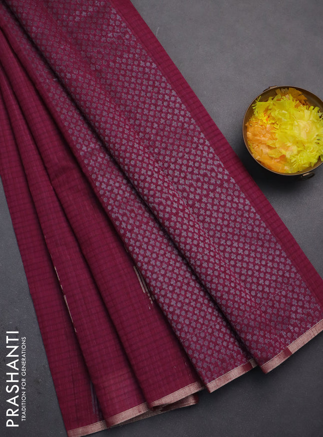 Banarasi semi matka saree wine shade with silver & gold zari woven buttas and zari woven piping border