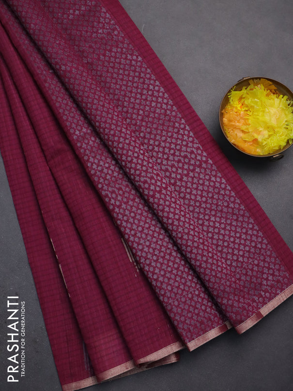 Banarasi semi matka saree wine shade with silver & gold zari woven buttas and zari woven piping border