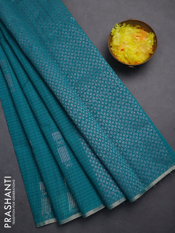 Banarasi semi matka saree teal green with silver & gold zari woven buttas and zari woven piping border