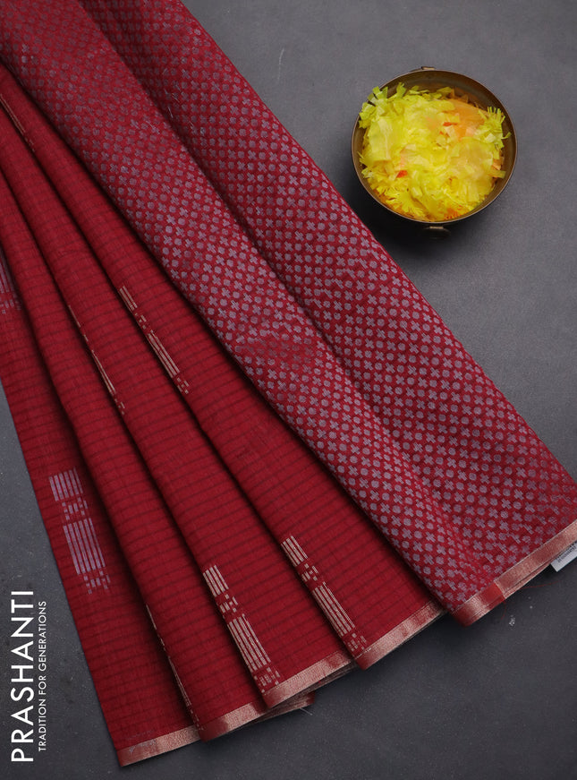 Banarasi semi matka saree maroon with silver & gold zari woven buttas and zari woven piping border
