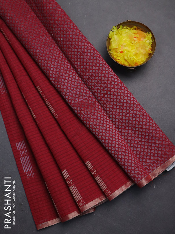 Banarasi semi matka saree maroon with silver & gold zari woven buttas and zari woven piping border