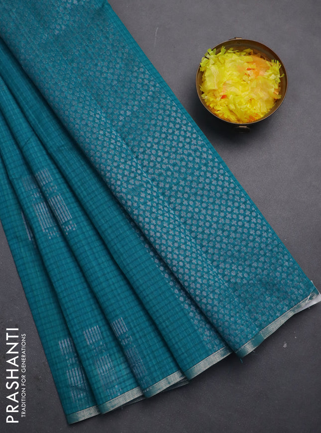 Banarasi semi matka saree teal green with silver & gold zari woven buttas and zari woven piping border