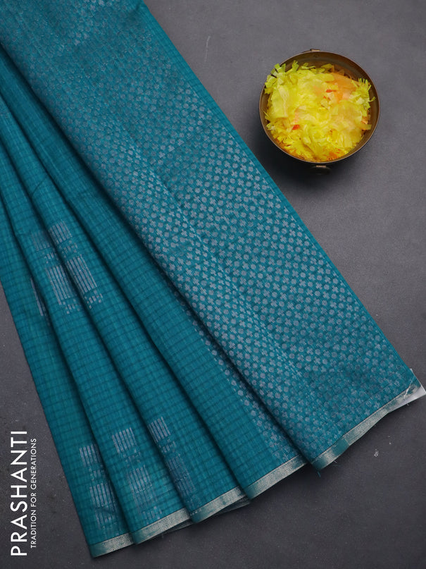 Banarasi semi matka saree teal green with silver & gold zari woven buttas and zari woven piping border
