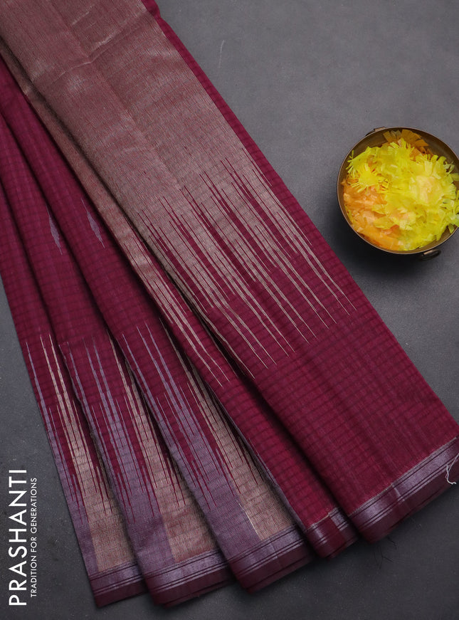 Banarasi semi matka saree wine shade with silver & gold zari woven buttas and temple design zari woven border