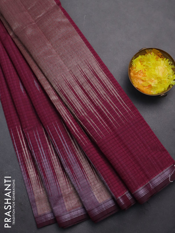 Banarasi semi matka saree wine shade with silver & gold zari woven buttas and temple design zari woven border