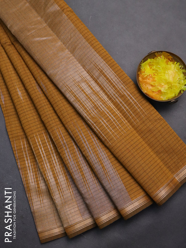 Banarasi semi matka saree dark mustard with silver & gold zari woven buttas and temple design zari woven border