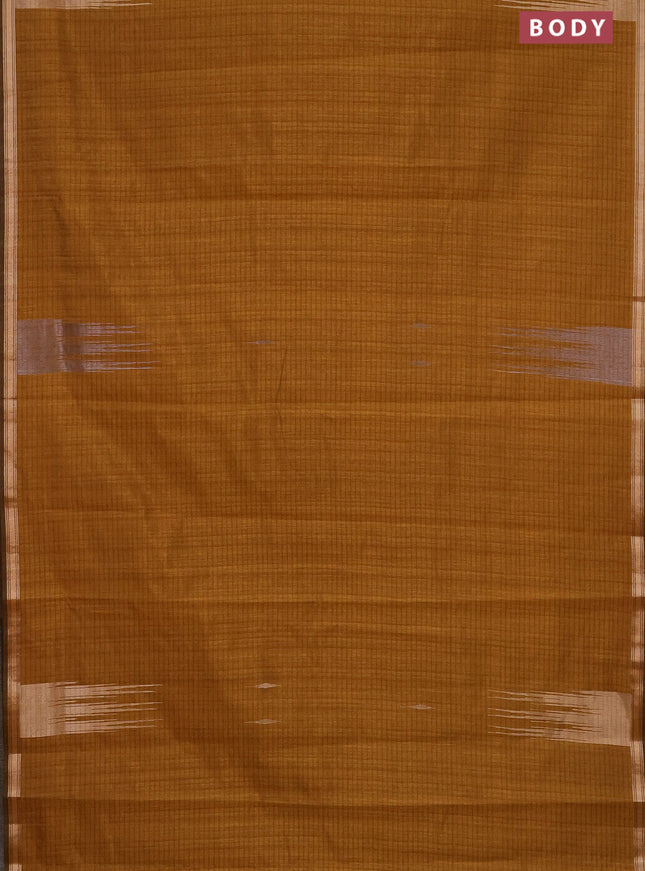 Banarasi semi matka saree dark mustard with silver & gold zari woven buttas and temple design zari woven border