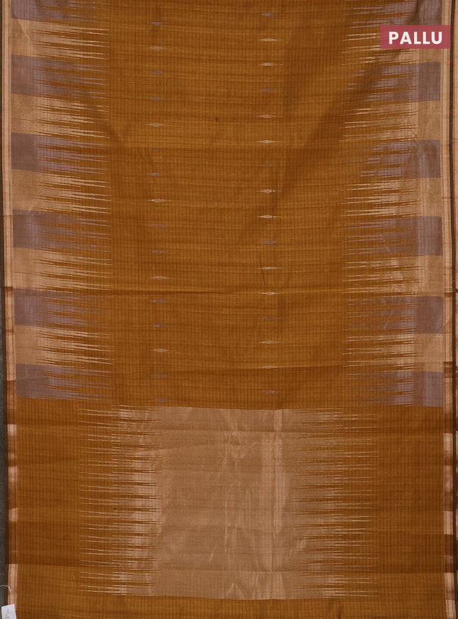 Banarasi semi matka saree dark mustard with silver & gold zari woven buttas and temple design zari woven border