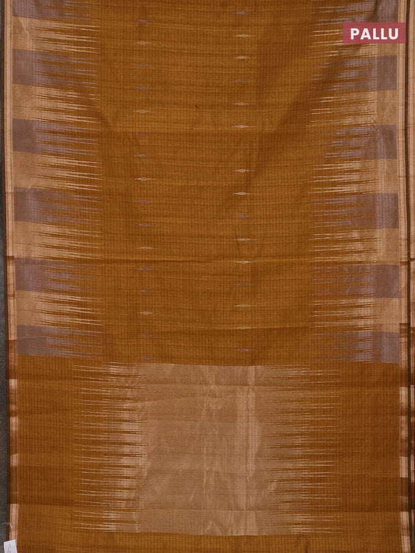 Banarasi semi matka saree dark mustard with silver & gold zari woven buttas and temple design zari woven border