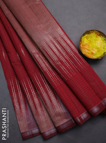 Banarasi semi matka saree maroon with silver & gold zari woven buttas and temple design zari woven border