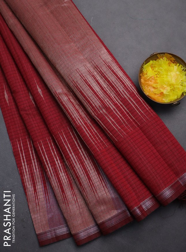 Banarasi semi matka saree maroon with silver & gold zari woven buttas and temple design zari woven border