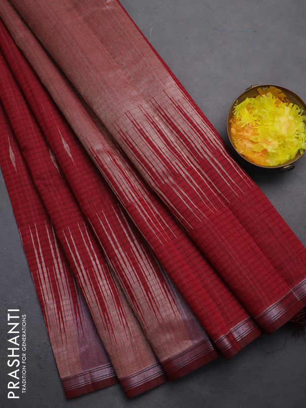 Banarasi semi matka saree maroon with silver & gold zari woven buttas and temple design zari woven border