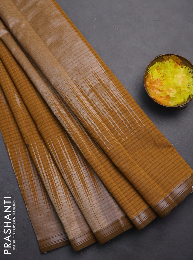 Banarasi semi matka saree dark mustard with silver & gold zari woven buttas and temple design zari woven border