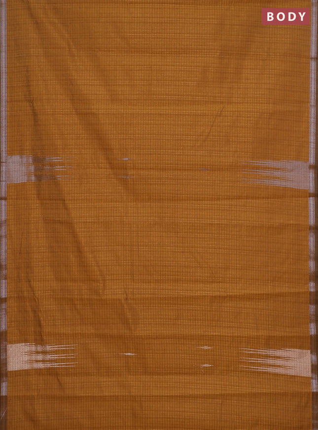 Banarasi semi matka saree dark mustard with silver & gold zari woven buttas and temple design zari woven border