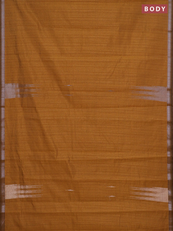 Banarasi semi matka saree dark mustard with silver & gold zari woven buttas and temple design zari woven border