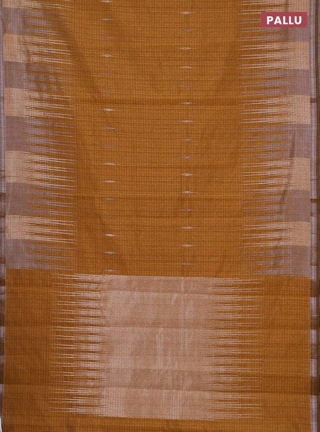 Banarasi semi matka saree dark mustard with silver & gold zari woven buttas and temple design zari woven border