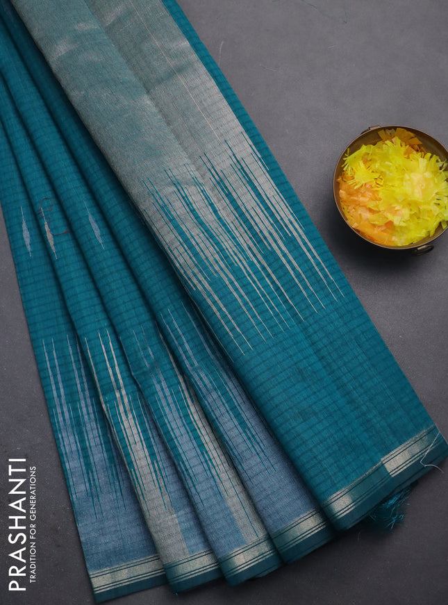 Banarasi semi matka saree teal green with silver & gold zari woven buttas and temple design zari woven border