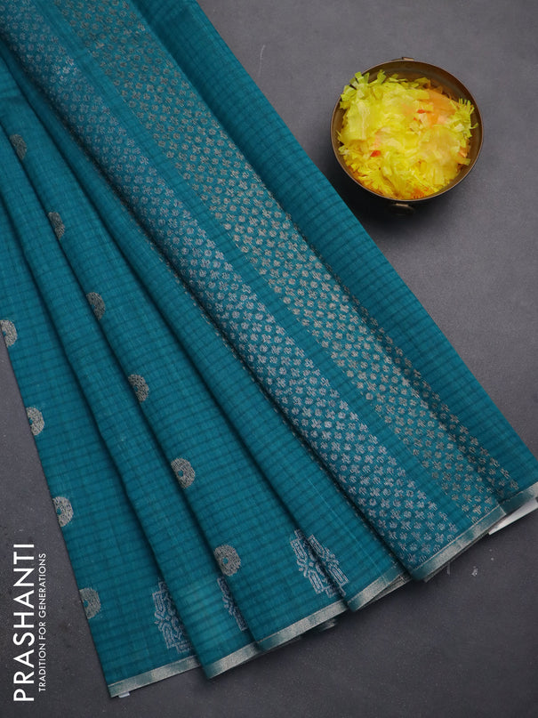 Banarasi semi matka saree teal green shade with silver & gold zari woven buttas and zari woven piping border