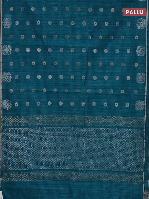 Banarasi semi matka saree teal green shade with silver & gold zari woven buttas and zari woven piping border